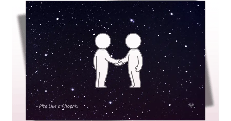 Soul contracts symbolized by two people agreeing under a cosmic backdrop