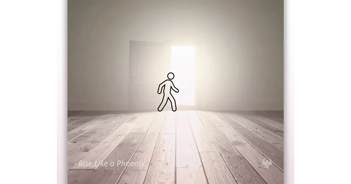 Breaking free from karmic cycles shown as a figure walking into light