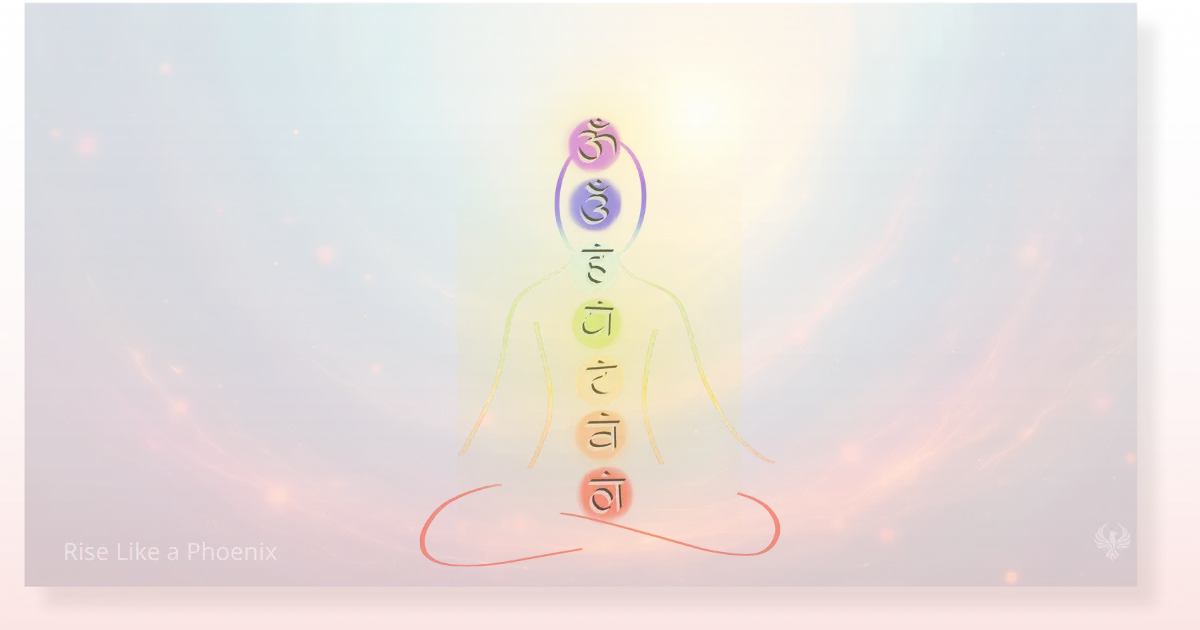 Meditating silhouette with seven glowing chakras marked by Sanskrit bija mantras, set against a cosmic background of swirling light.