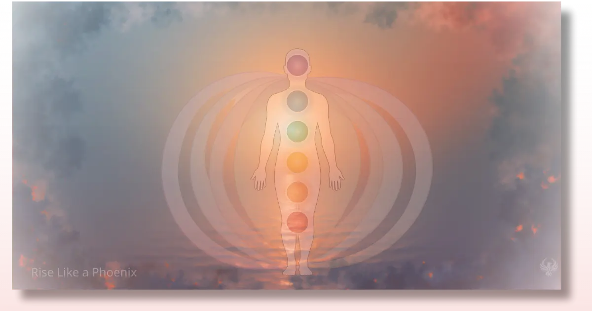 Human figure with seven chakras and wide, luminous energy arcs surrounding the body, symbolizing the subtle layers of consciousness.