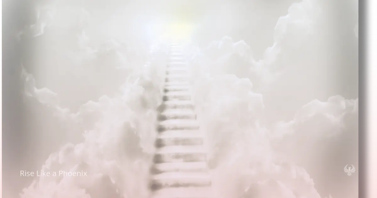 Stairway ascending into bright light through soft clouds, symbolizing the progressive stages of kundalini awakening.