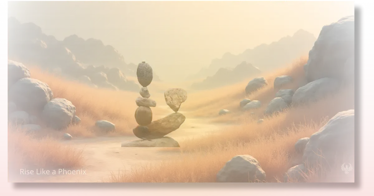 Stacked stones balanced on a desert path surrounded by rocks and golden grasses, symbolizing grounding and stability on the kundalini journey.