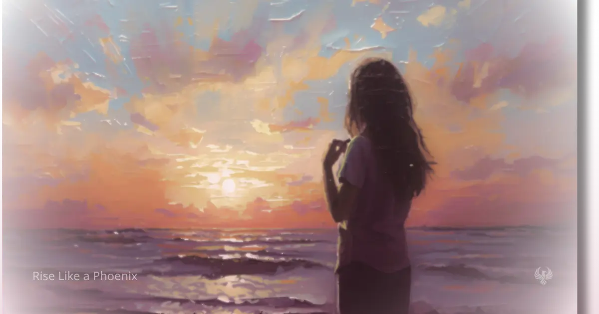 Person gazing at sunrise over ocean symbolizing reflection, awareness, and karmic awakening