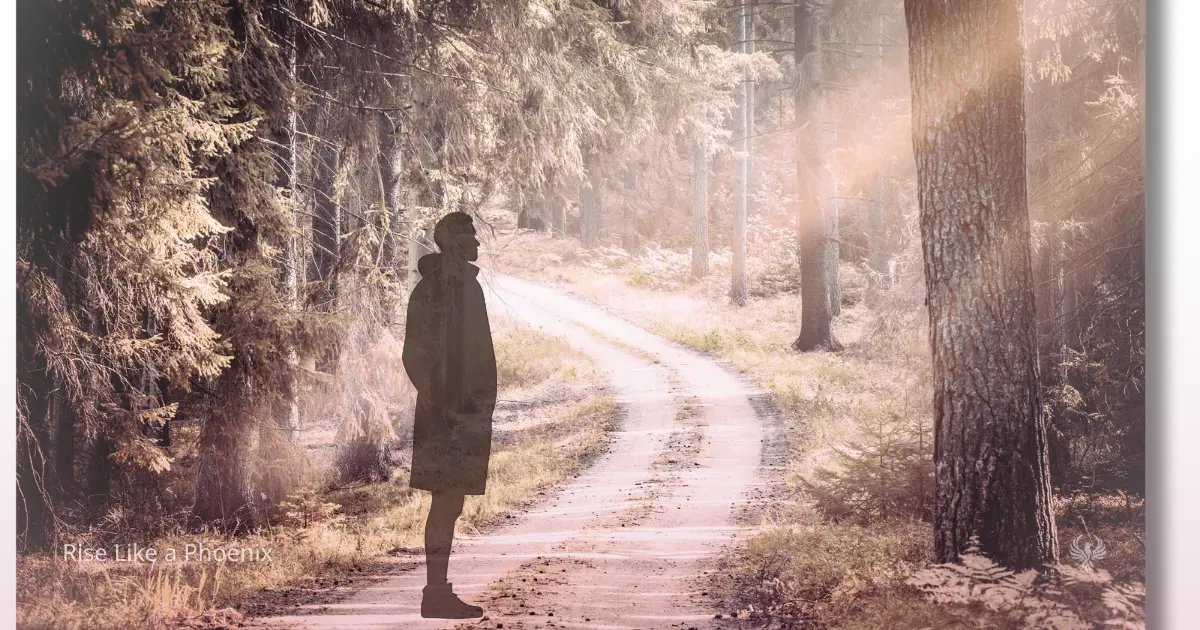 Silhouette walking a sunlit forest path symbolizing the soul's journey toward integration and renewal.