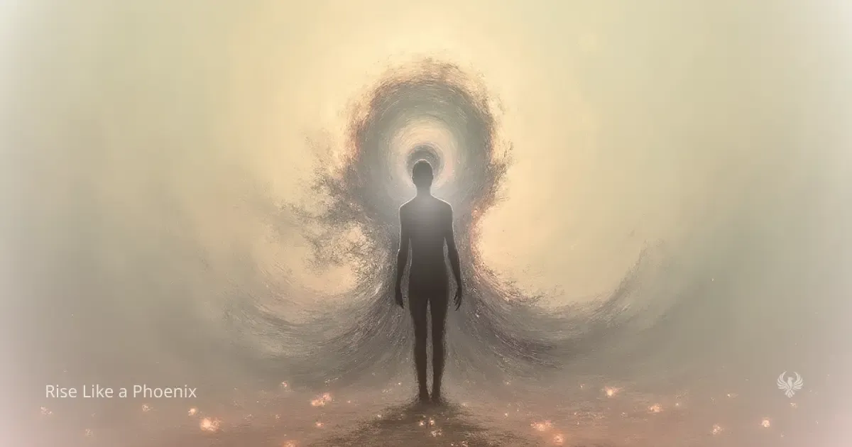 Silhouette standing within a swirling halo of light, symbolizing expanded awareness and nervous system transformation during kundalini awakening.