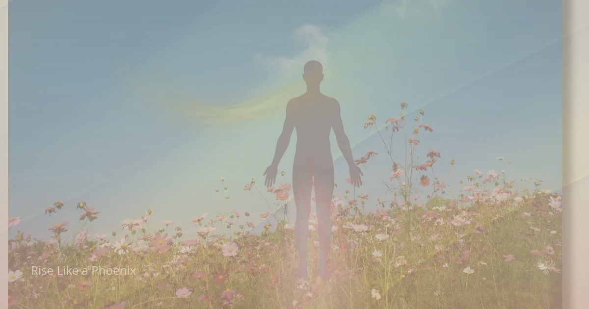 Human silhouette standing in a flower field with soft luminous energy flowing around the body, symbolizing the three life forces - prana, primary life-force, and dormant kundalini