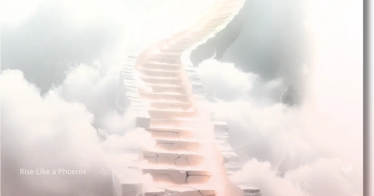 Stairway ascending into bright light through soft clouds, symbolizing the progressive stages of kundalini awakening.