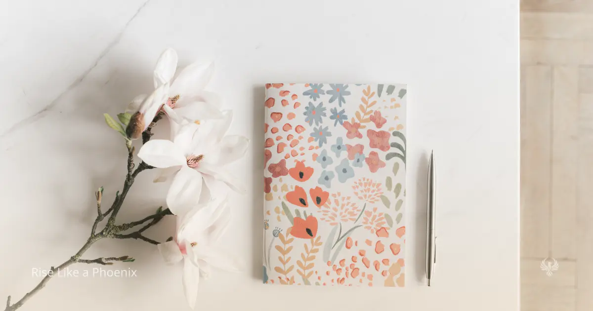 Floral notebook and pen on a light surface, representing personal reflection and learning through tarot.