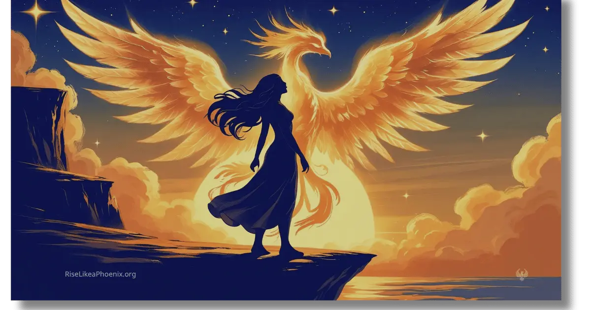 Silhouette of a woman in front of a glowing rising phoenix under a starry sky at dawn