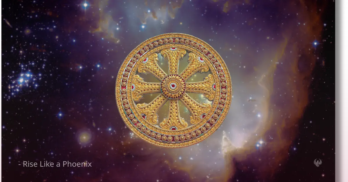 Golden dharma wheel set against a cosmic background, symbolizing the eternal cycle of karma; the continuous flow of action and consequence that shapes the wheel of life