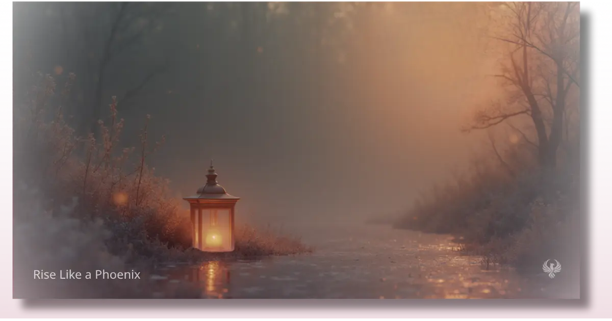 Lantern glowing softly on a misty path at sunrise, symbolizing the innocence and quiet resilience of a child's soul navigating karmic energies.