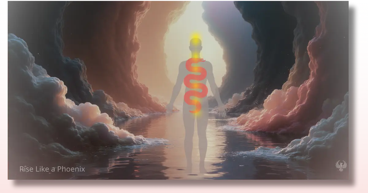 Silhouette of a human figure with a glowing serpent of energy rising along the spine, standing between cave walls and reflected in water, symbolizing kundalini awakening.