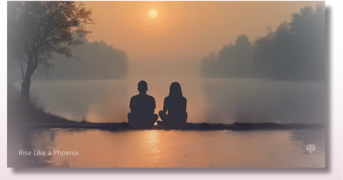 Two silhouettes sitting quietly side by side overlooking a calm horizon, symbolizing emotional presence without explanation.