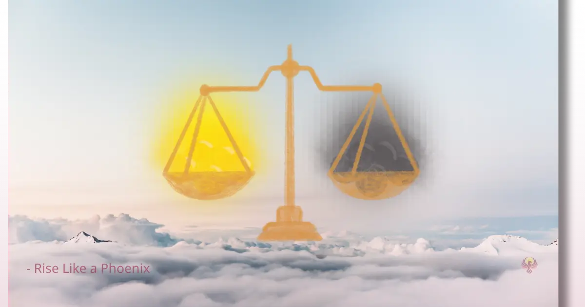 A golden balance scale floats above the clouds, one side glowing with light, the other shadowed in darkness; symbolizing karma's balance of good and bad deeds