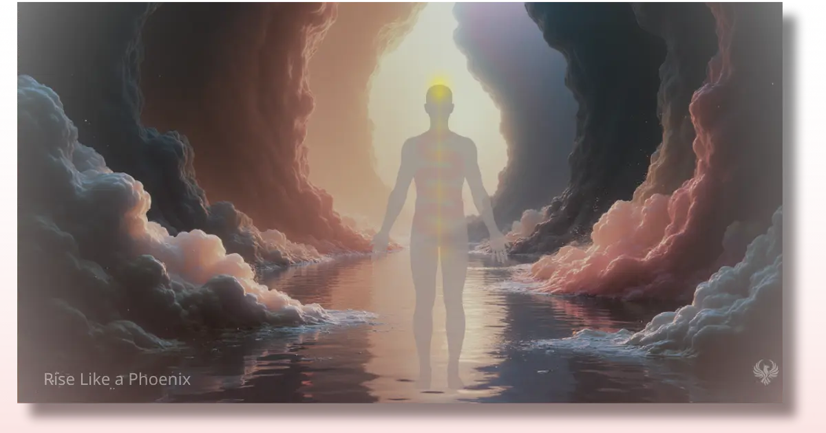 Silhouette of a human figure with a glowing serpent of energy rising along the spine, standing between cave walls and reflected in water, symbolizing kundalini awakening.