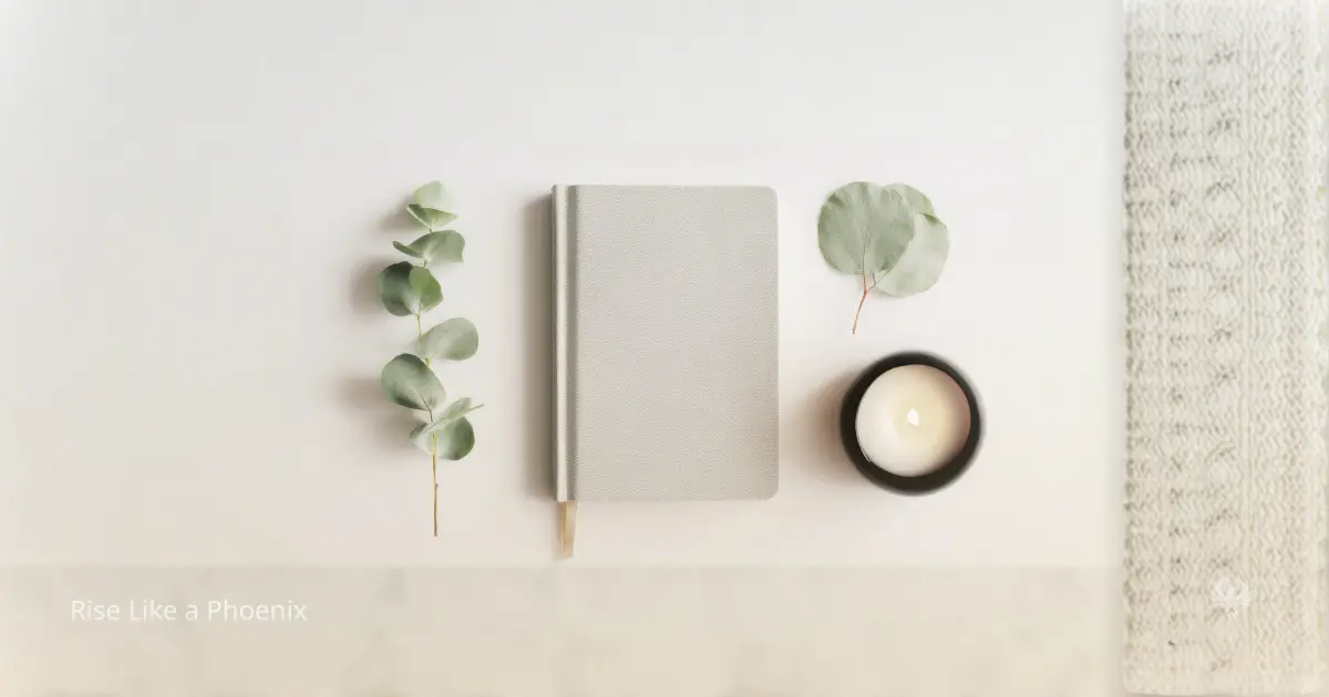 Minimal journal with eucalyptus leaves and a candle on a light background, symbolizing reflection and inner awareness.