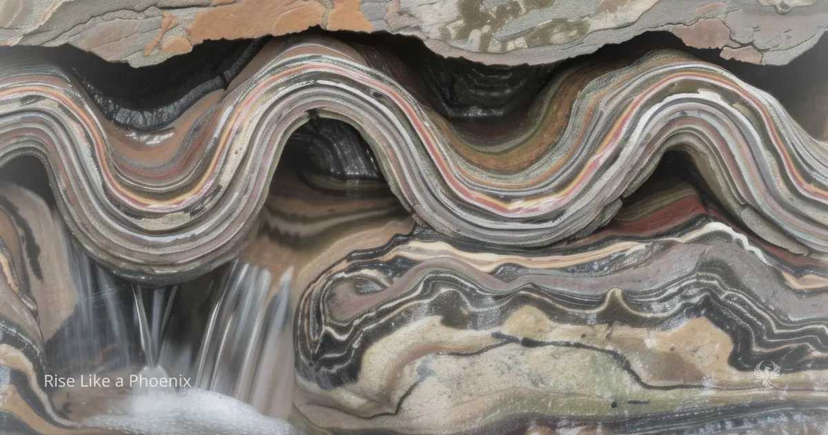 Layered rock formation with flowing water symbolizing structure, conditioning, and individual response.