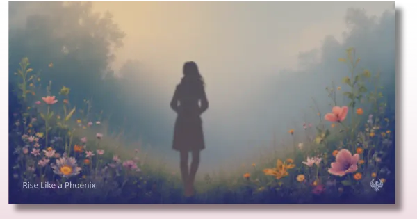 A soft silhouette of a woman standing in a misty meadow at sunrise, surrounded by blooming flowers, symbolizing forgotten past-life memories and the soul's new beginning.