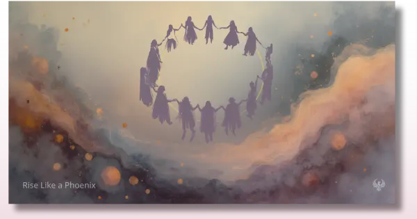 Silhouettes of people holding hands in a circle within a cosmic background symbolizing ancestral connection and shared karma