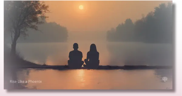 Two silhouettes sitting quietly side by side overlooking a calm horizon, symbolizing emotional presence without explanation.