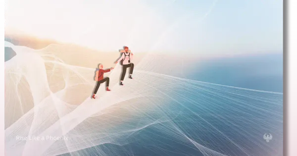 Two hikers on a bright slope, one offering a steady hand to help the other climb, symbolizing supportive guidance without taking over someone's path.