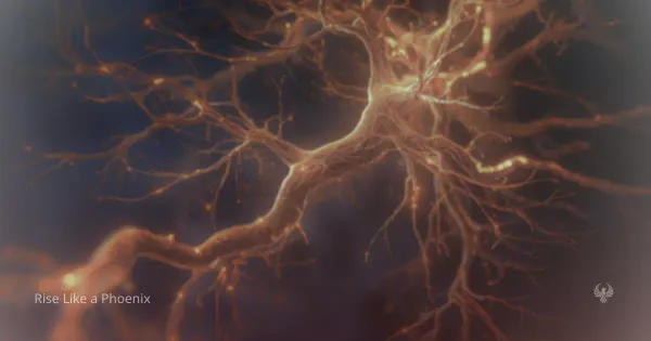 Abstract neural branches glowing with orange-gold light against a midnight blue background, symbolizing kundalini activating and reorganizing the nervous system.
